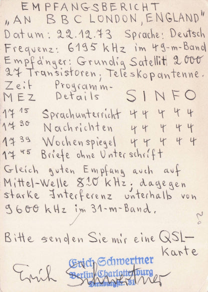 German Berlin Man QSL Card Letter to BBC England 1980s Postcard