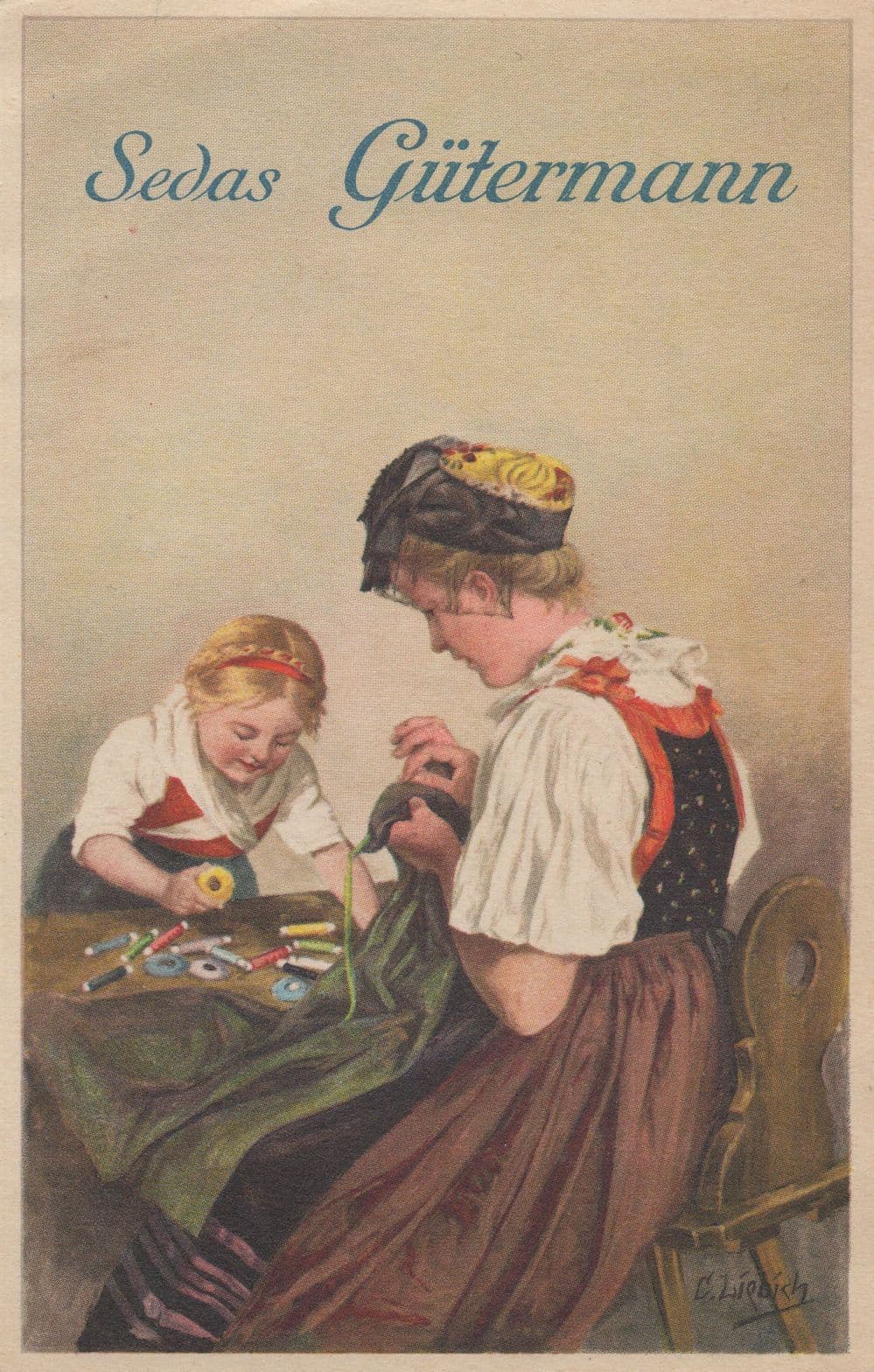 German Child Learning Sewing Knitting Vintage Postcard