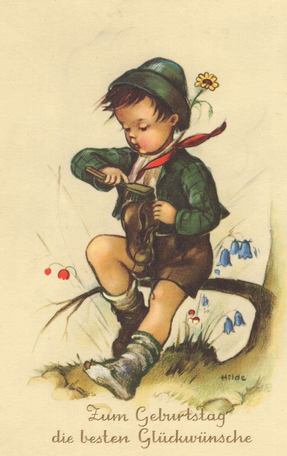 German Child Shoe Boot Repair Polisher Brush Rare Postcard