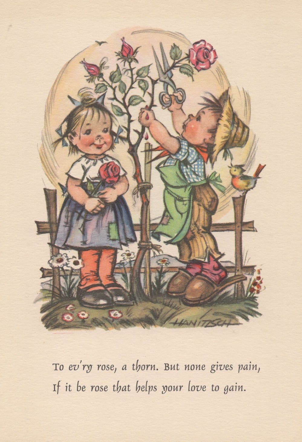 German Children Gardening Roses Love Gardener Postcard
