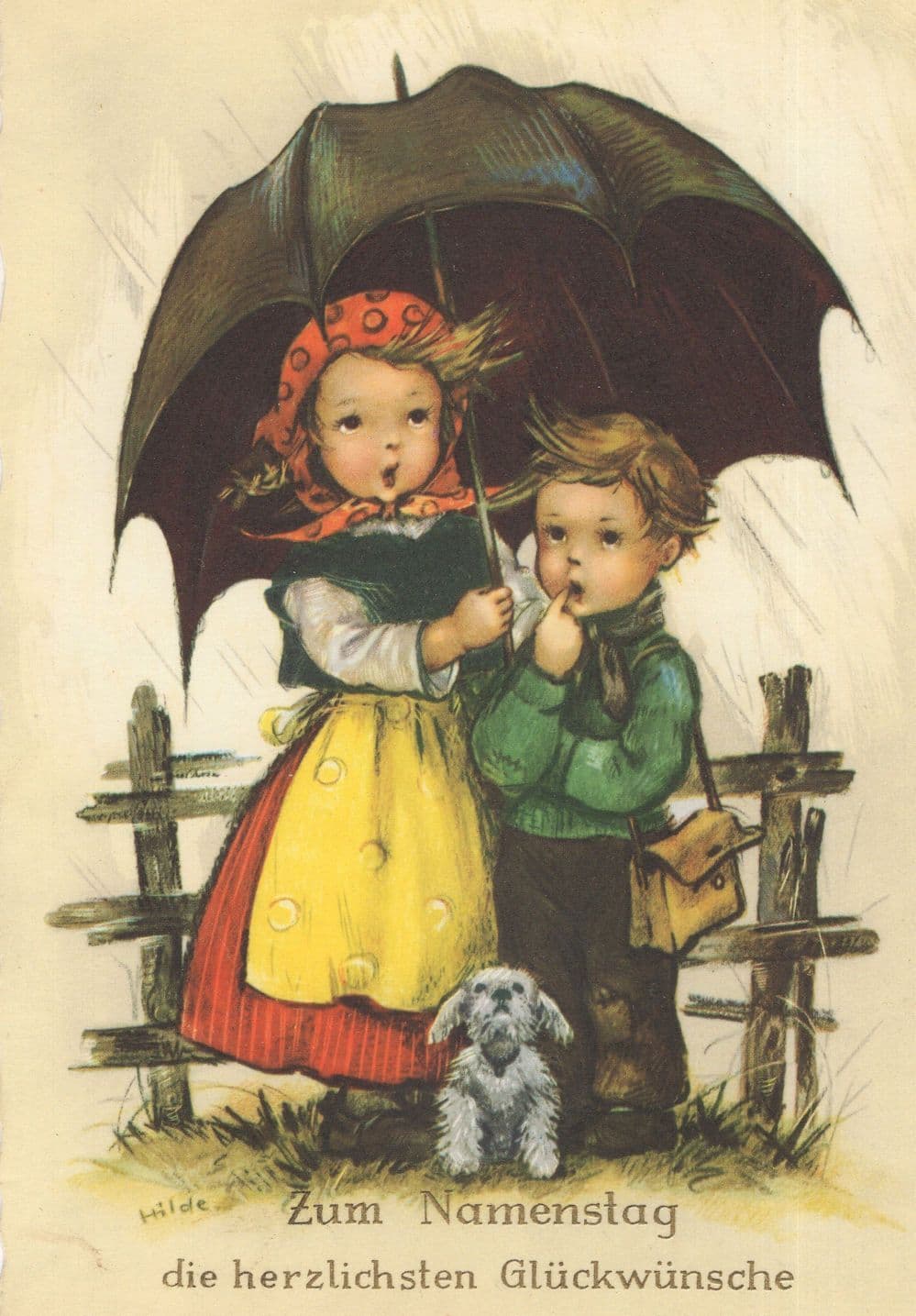 German Children & Poodle Dog Umbrella Disaster Weather Cute Postcard