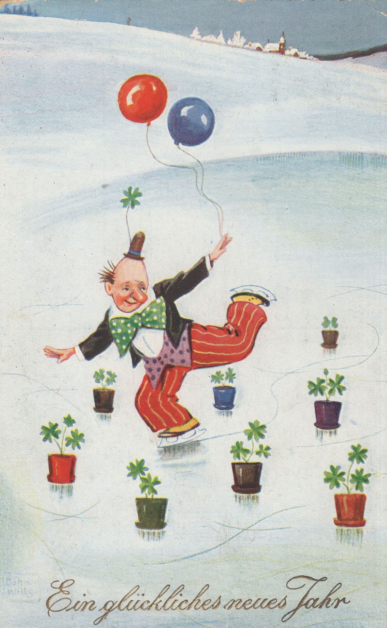 German Circus Clown Ice Skating German Greetings Old Postcard