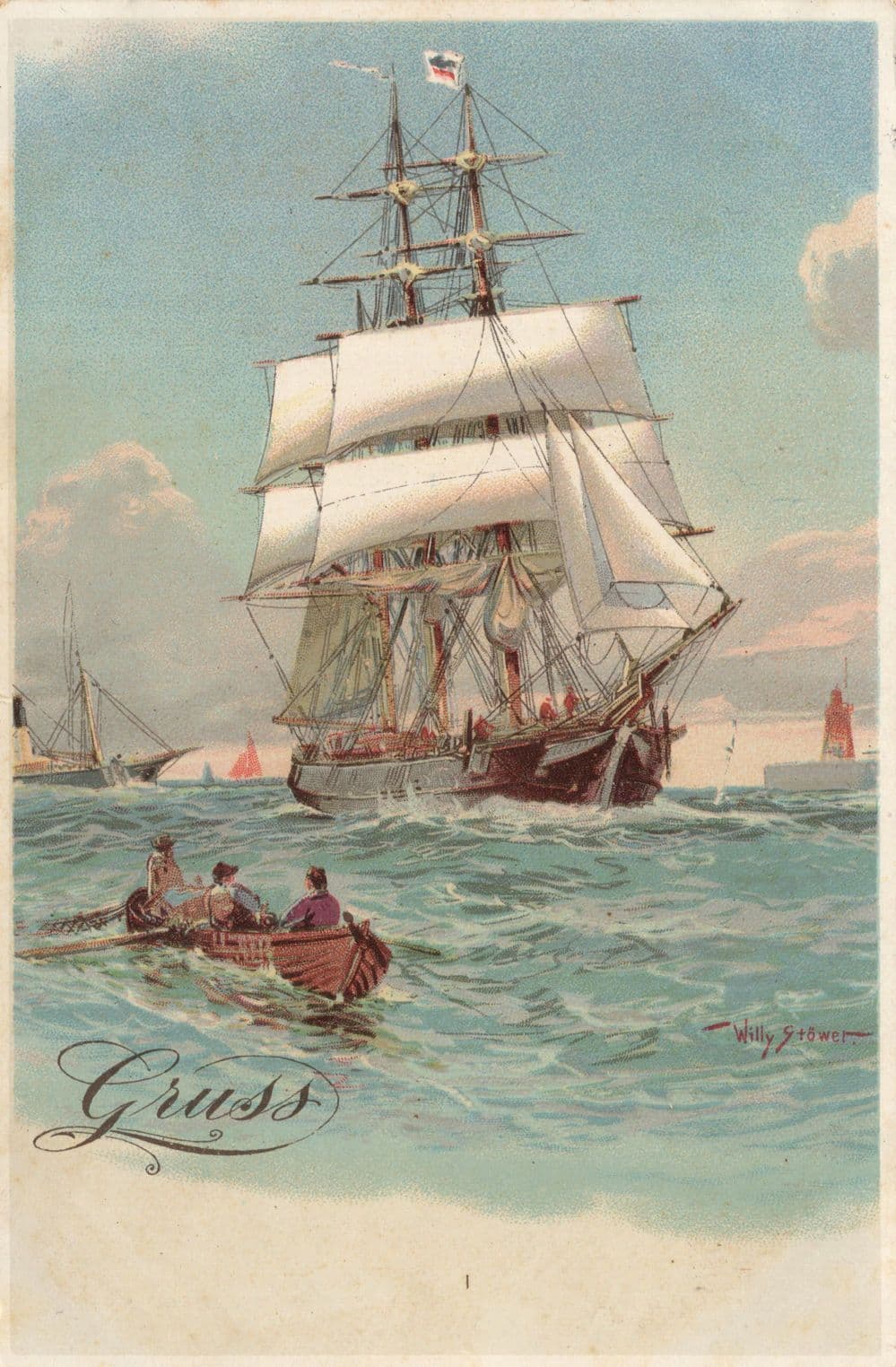 German Gruss Aus Tallship Sailing Antique Artist Painting Painting Postcard