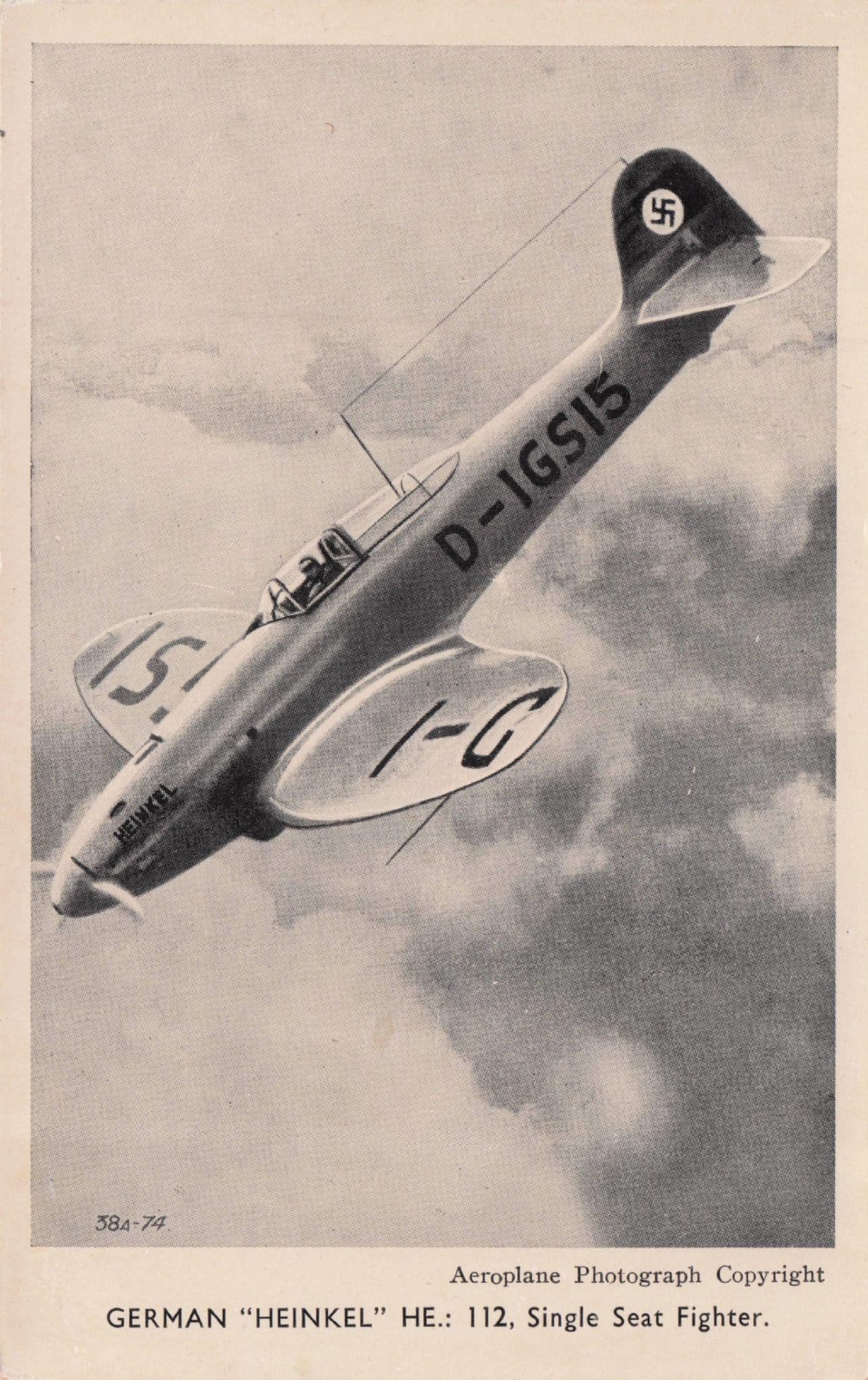 German Heinkel HE 112 Single Seat Fighter Plane Valentines Postcard