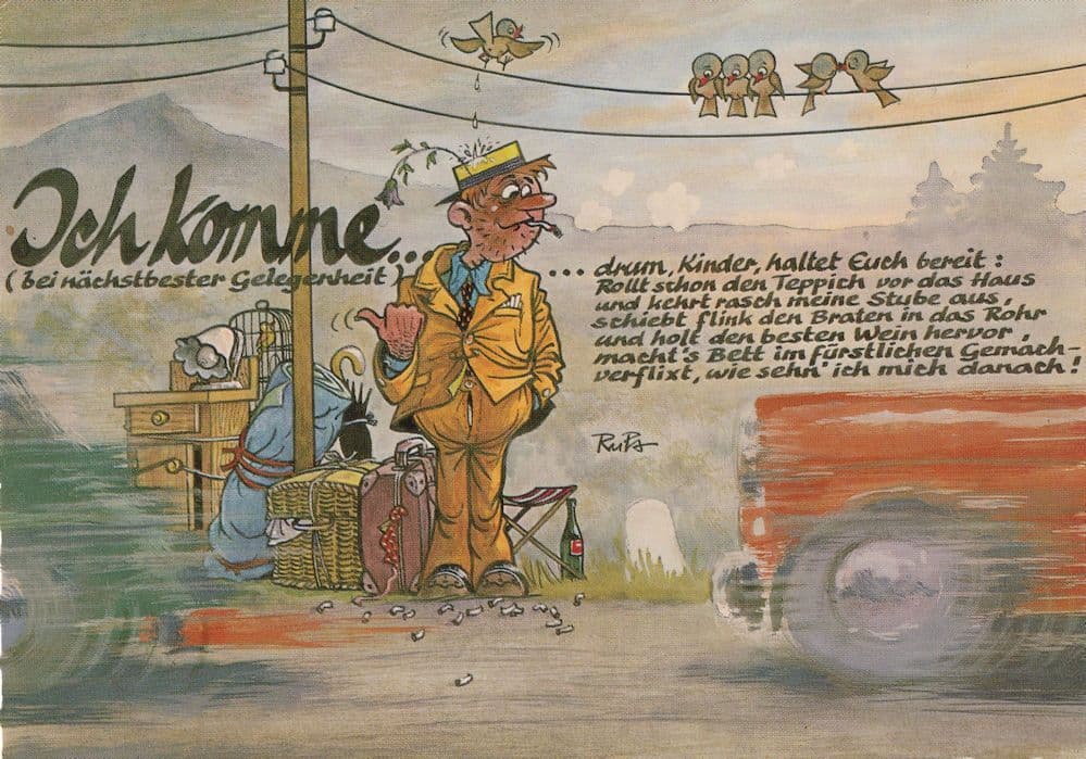 German HitchHiker In Disaster Weather Birds Laugh Comic Postcard