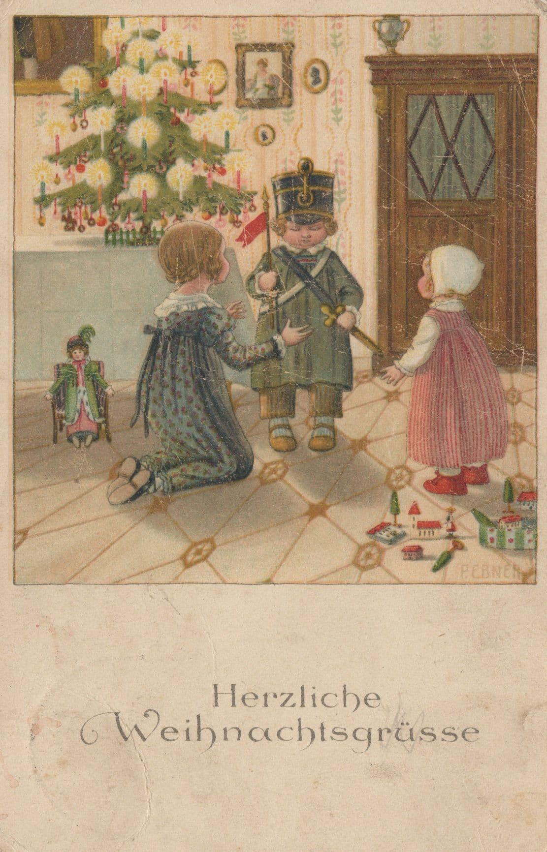 German Military Child With Soldier Toys Old Greetings WW1 Postcard