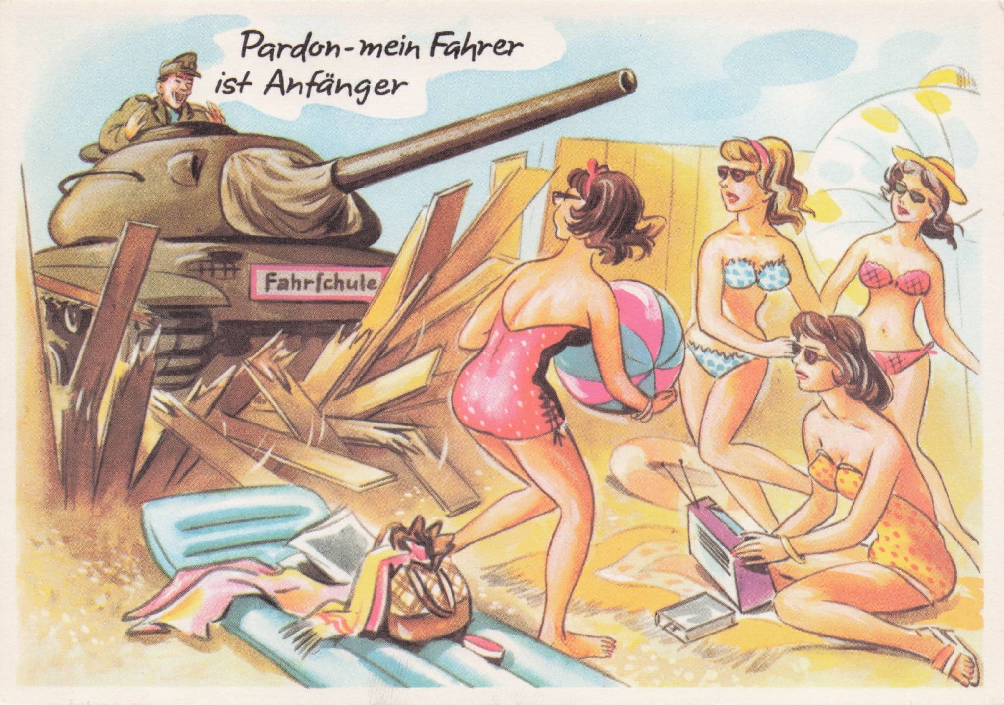 German Military Tank Driving School Sexy Women Vintage Comic Postcard
