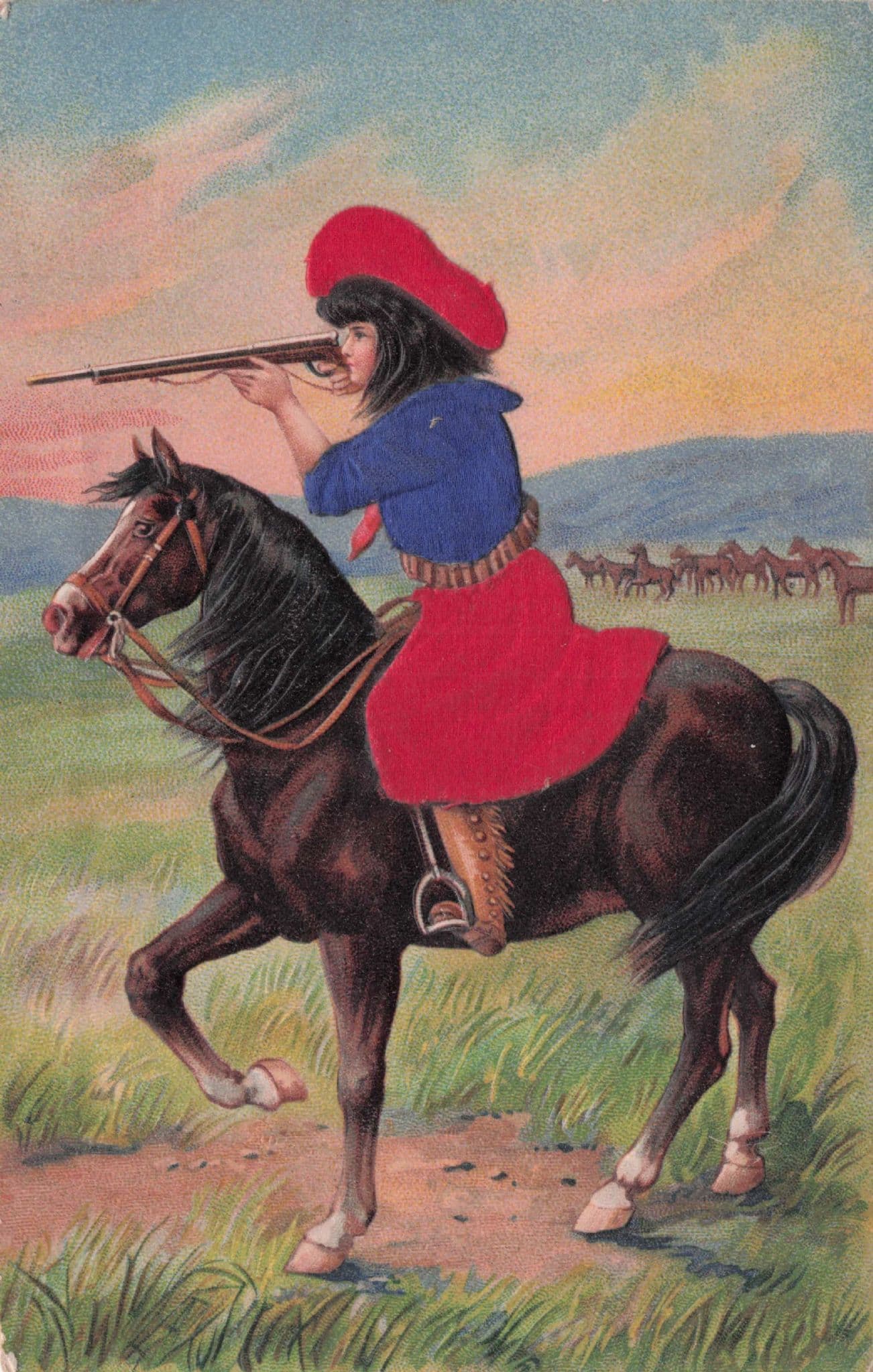 German Mounted Girl Firing Rifle Gun Old Relief Art Postcard
