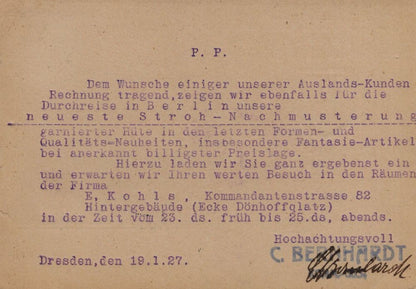German Old Straw Hats  Dresden Berlin Exhibition Stand Director Signed Postcard