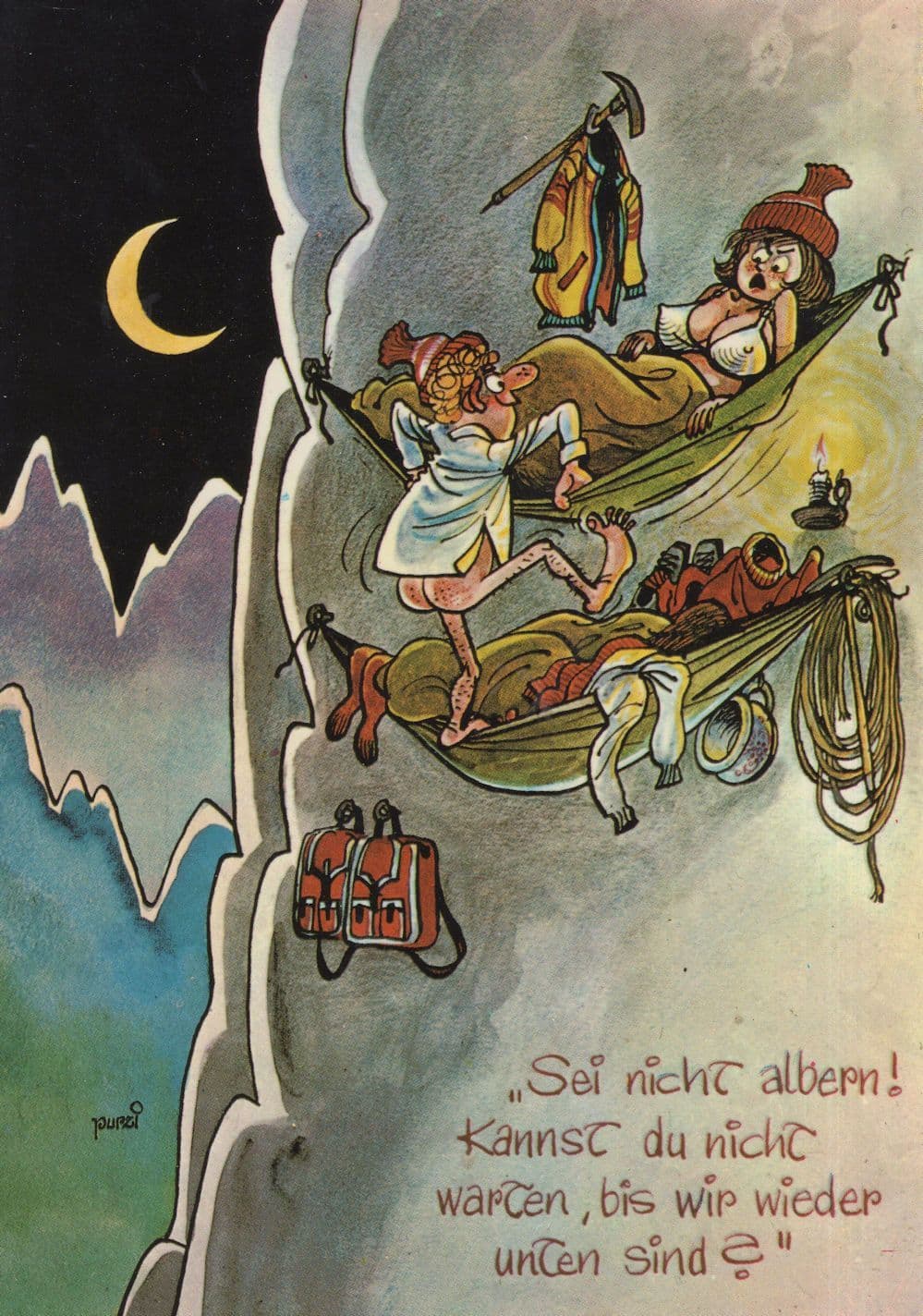 German Risque Lady Mountain Climbing Hammock Comic Postcard
