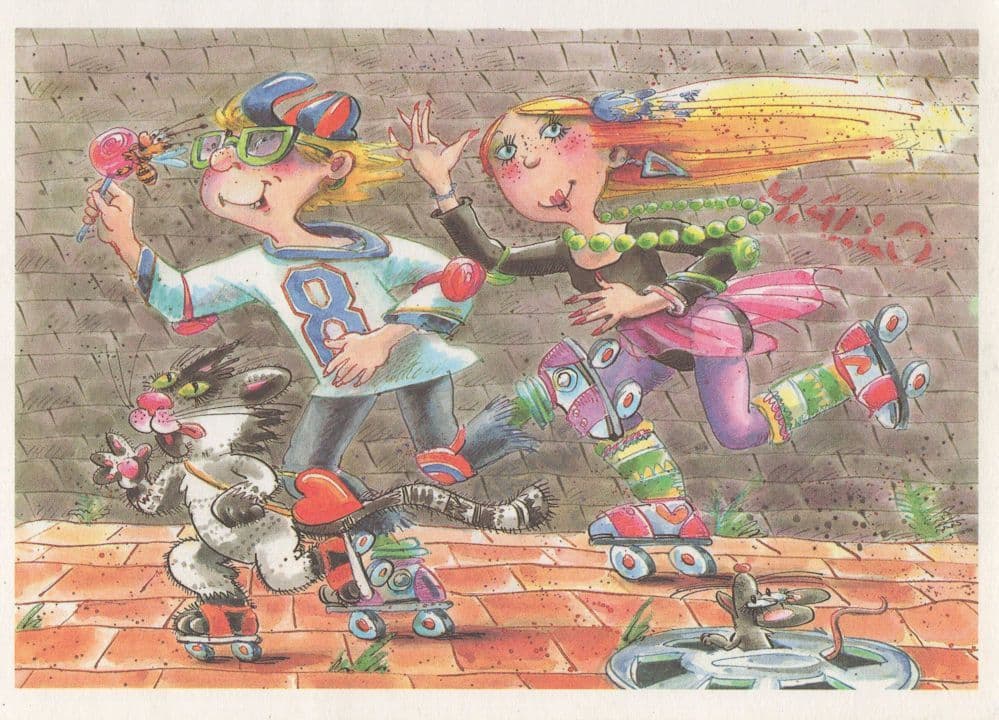 German Roller Skating Bumble Bee Spectacles Comic Postcard