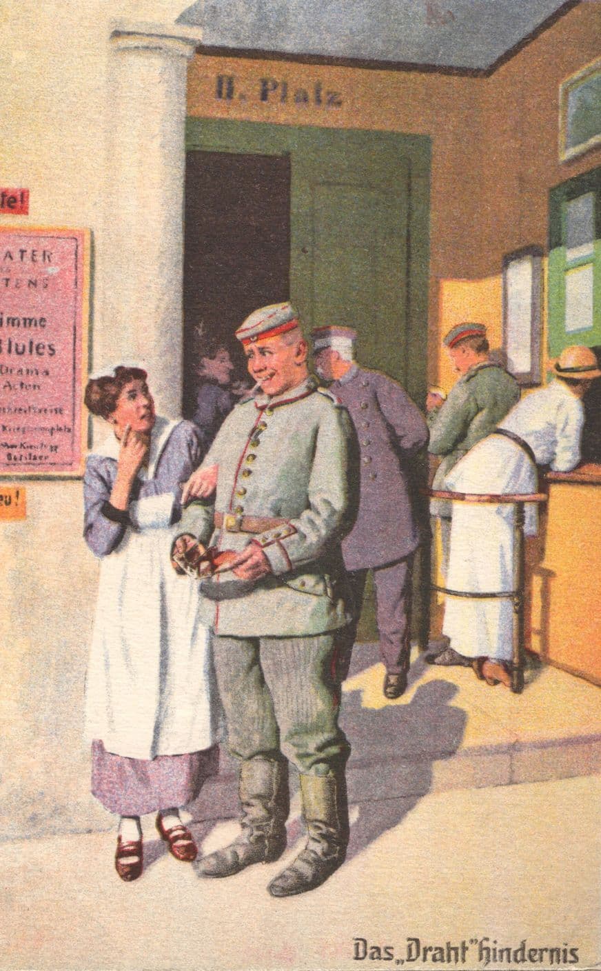 German Soldier WW1 Smoking Shocked Lady At Bank War Painting Postcard