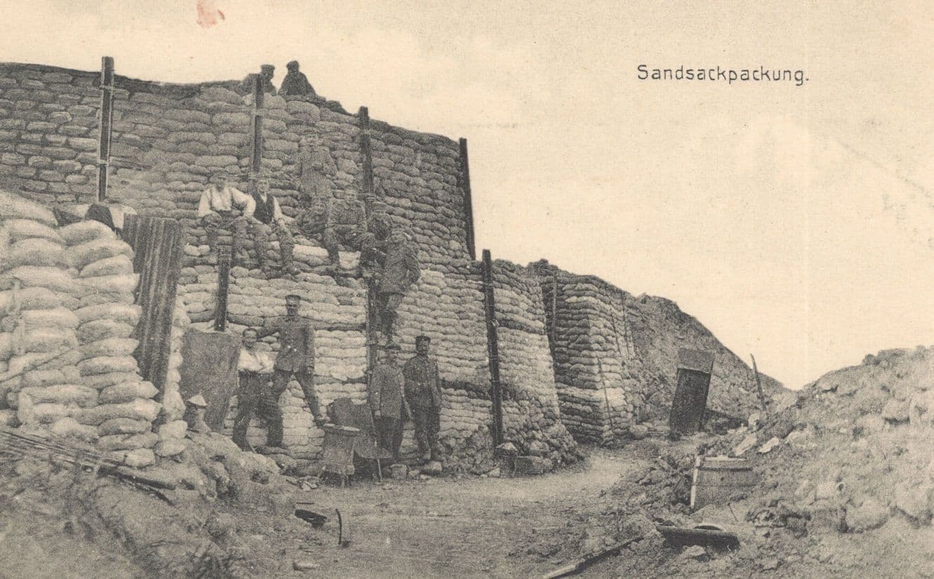 German Soldiers Stacking Sandbags WW1 Military Shelter Old Postcard