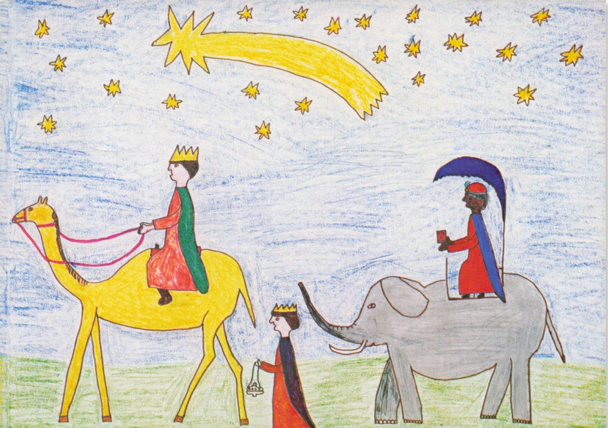 German We Three Kings Christmas Riding On Camel Elephants 1970s Postcard