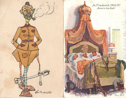 German WW1 2x Military Soldier Smoking Bed Rifles Comic War Postcard s