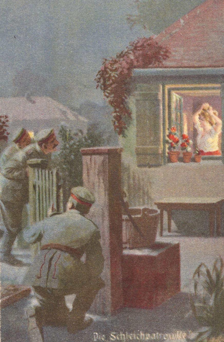 German WW1 Army Soldier Peeping Toms Watching Sexy Lady War Postcard