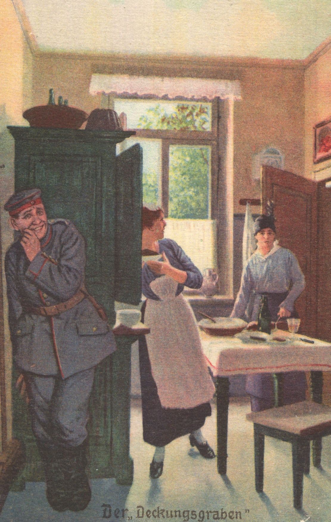 German WW1 Soldier Eavesdropping House Servants Gossip War Painting Postcard