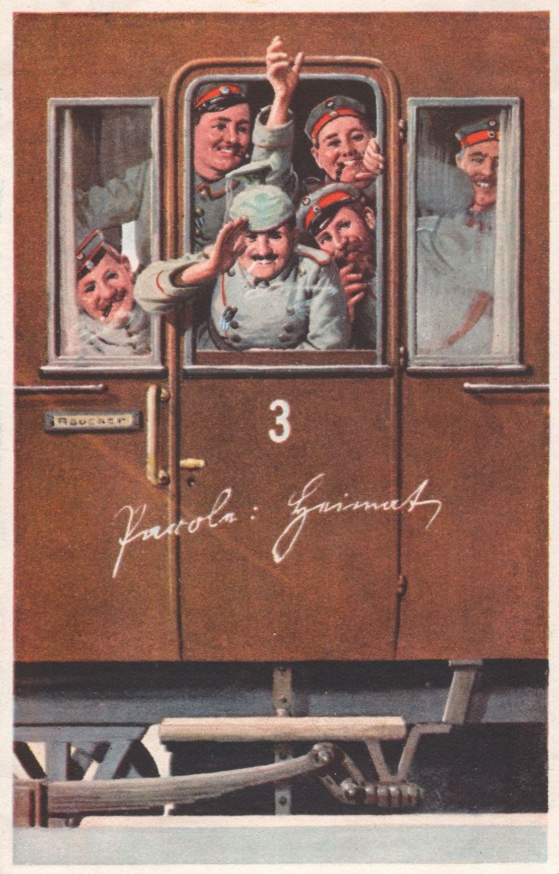 German WW1 Train Soldiers Farewell To Girlfriend Old Painting Postcard