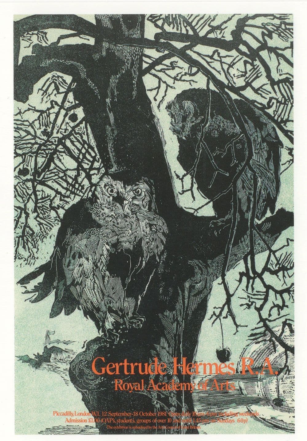 Gertrude Hermes 1981 Owls Biomorphic Abstract Art Painting Exhibition Postcard