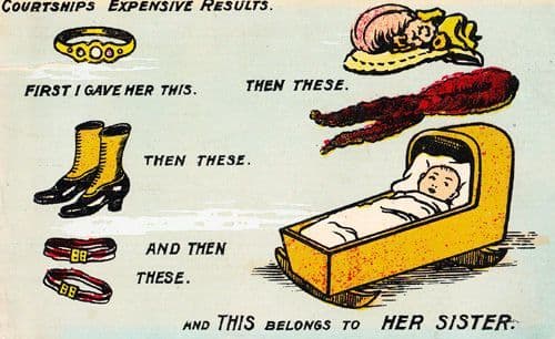 Getting Married Marriage Presents Baby Toy Cot Shoes Ring Hat Antique Postcard