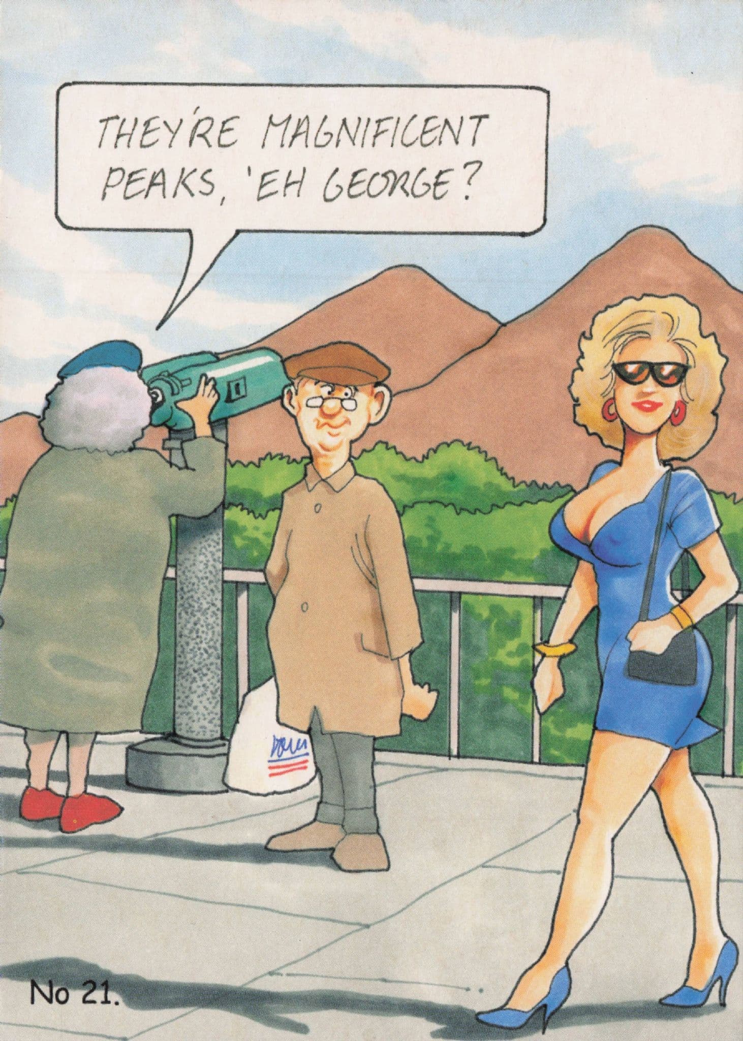 Giant Telescope Mounted Binoculars Old Lady Holiday Comic Postcard