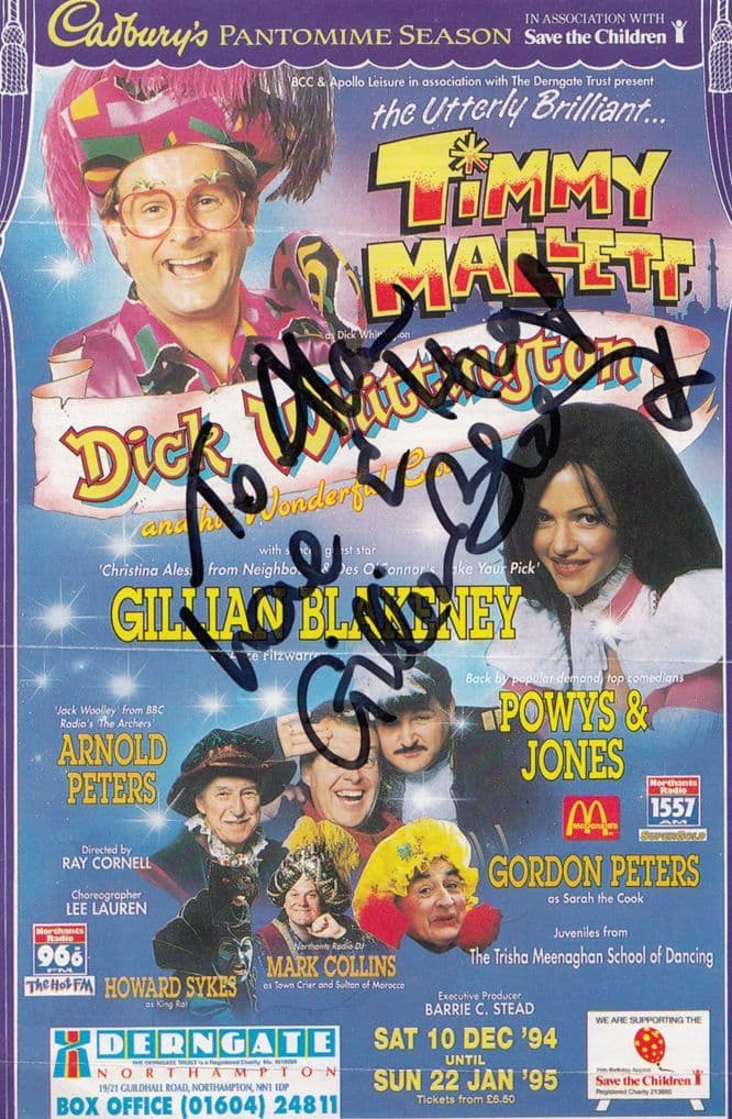 Gillian Blakeney with Timmy Mallett Dick Whittington Hand Signed Theatre Flyer
