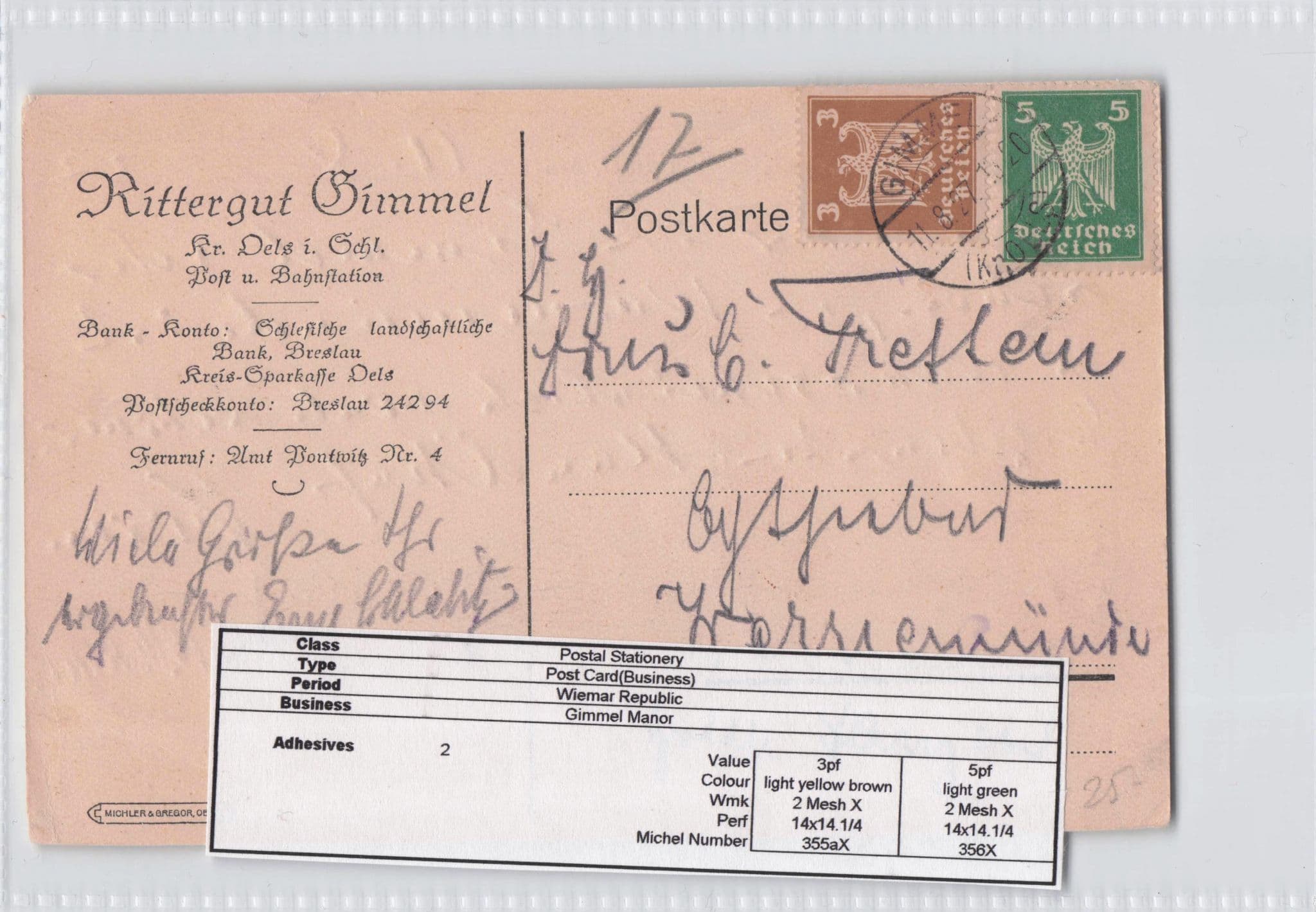 Gimmel Manor Breslau German 1927 Old Postal Stationary Postcard