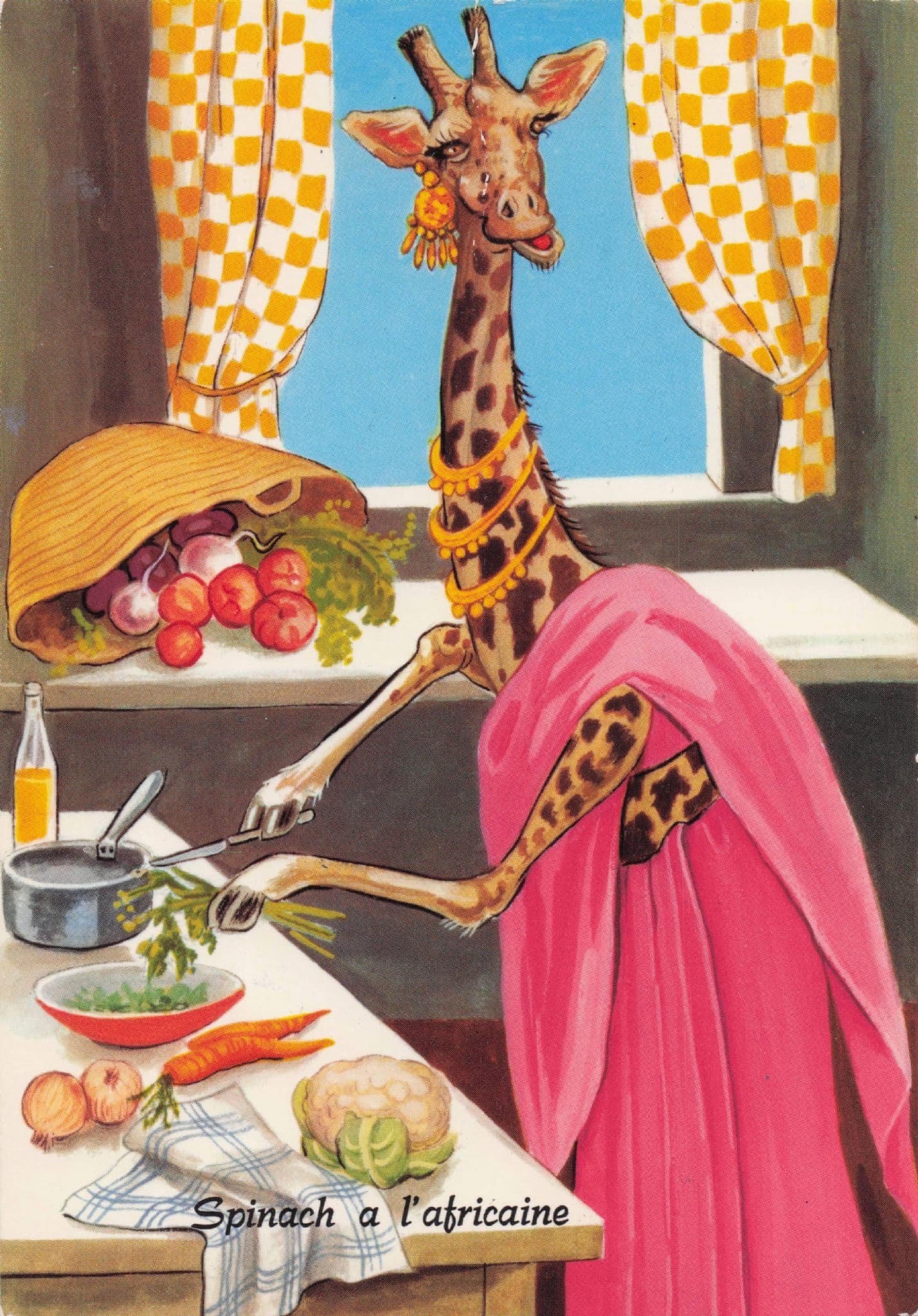 Giraffe Cooking African Spinach Cookery Recipe Comic Postcard