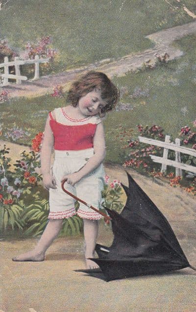 Girl Playing Dragging Black Umbrella Like A Dog Antique Postcard