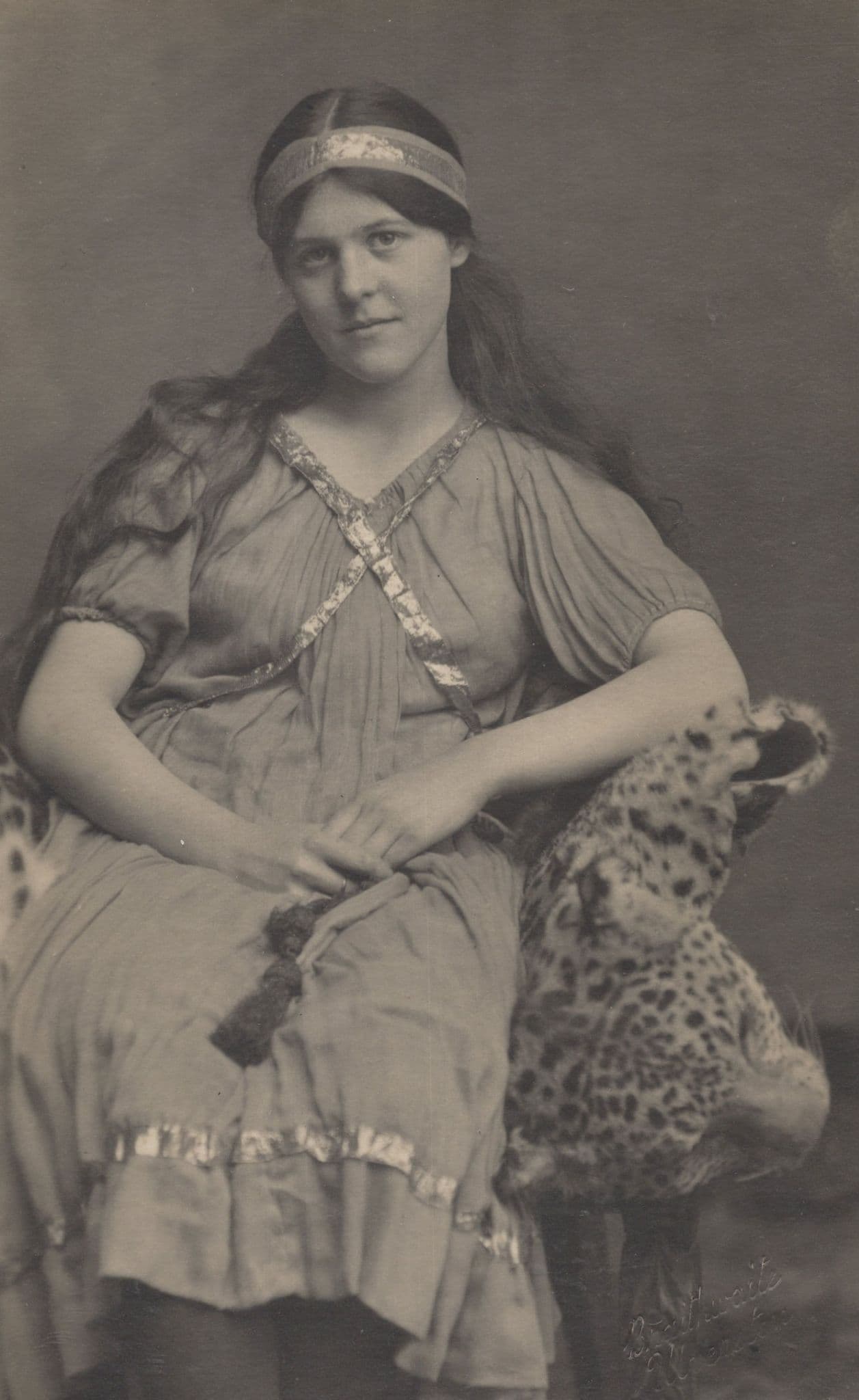 Glamour Gypsy Woman In Taxidermy Cat Leopard Real Fur Seat Antique Postcard