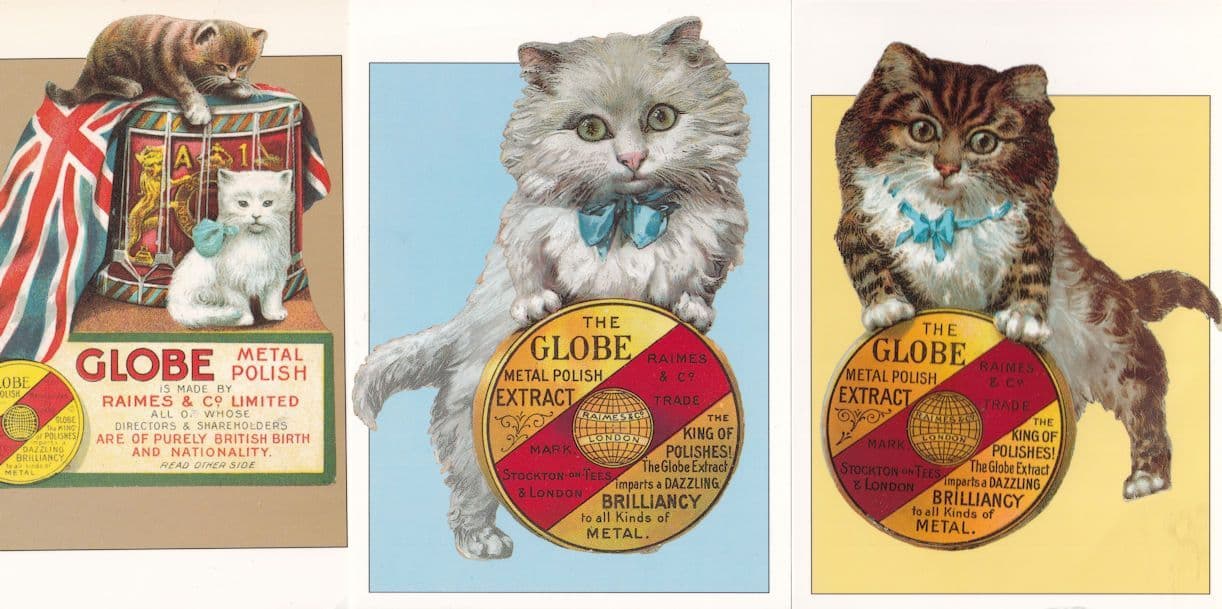 Globe Metal Polish 3x Cat Poster Advertising Postcard s