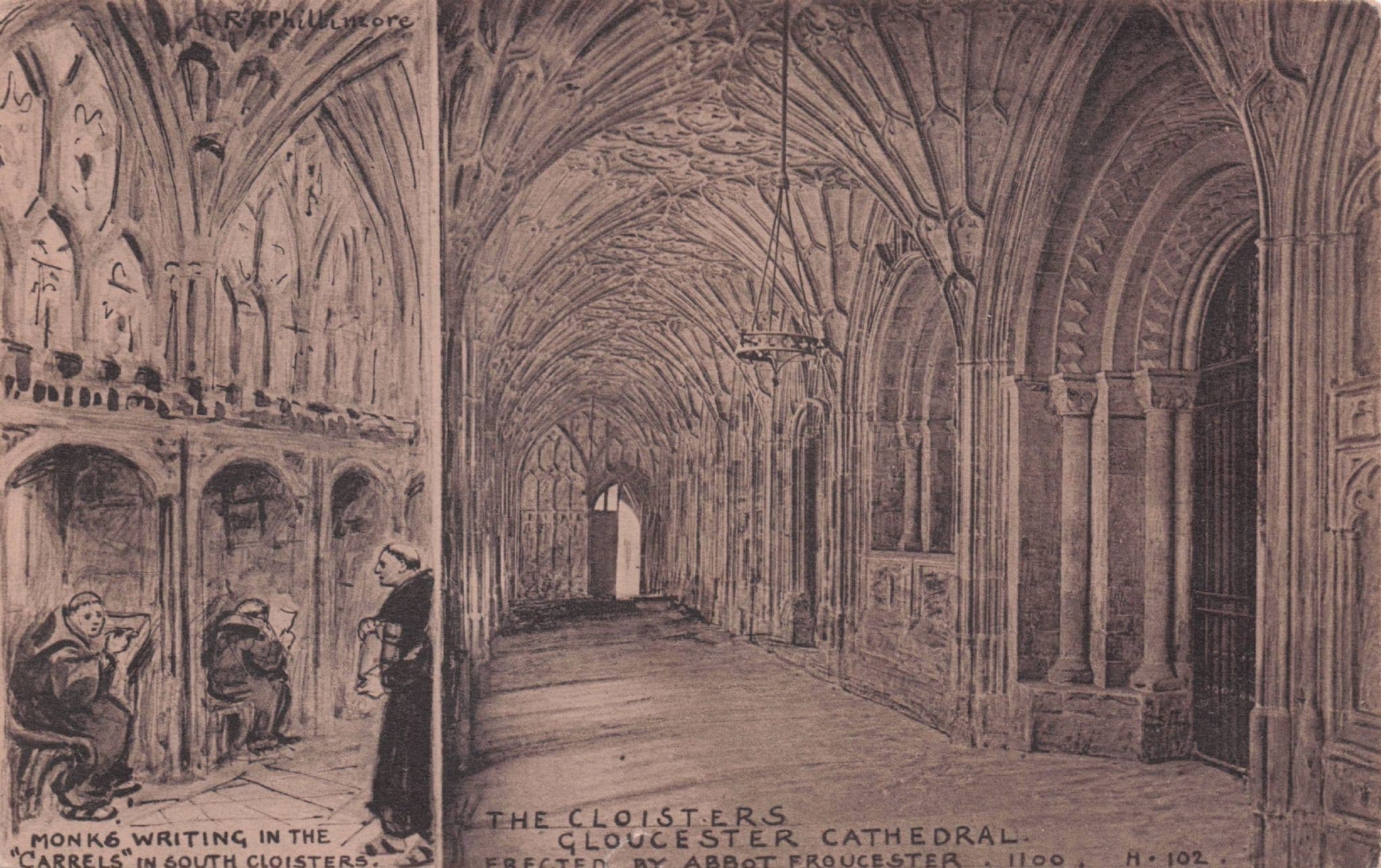 Gloucester Cathedral Cloisters Monks Writing in Carrels Phillimore Old Postcard