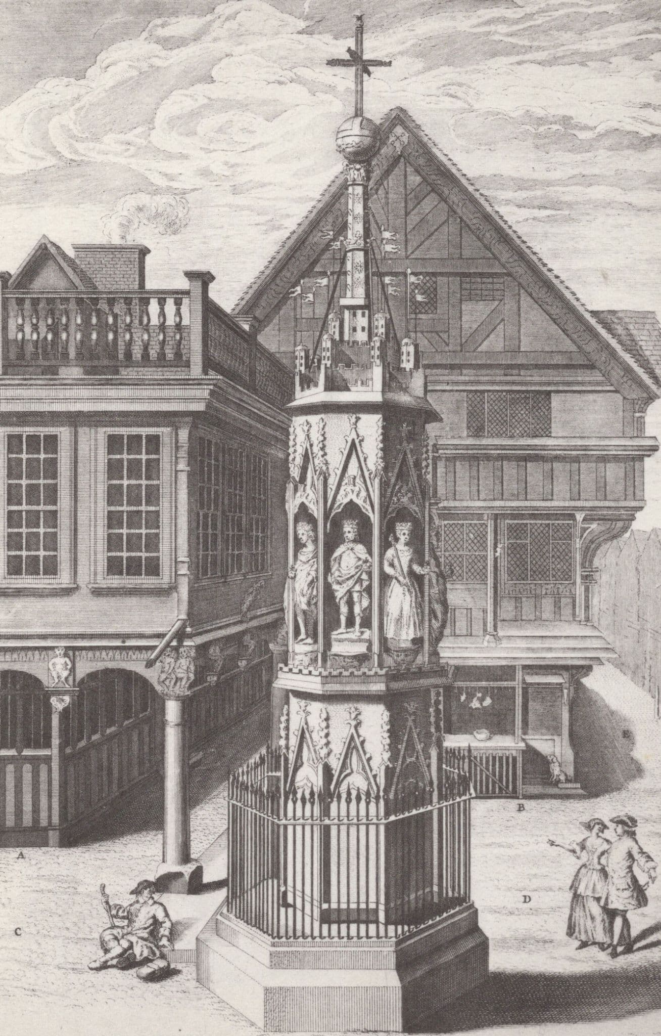Gloucester Cross in 1700s Before Demolished Sketch Painting Postcard