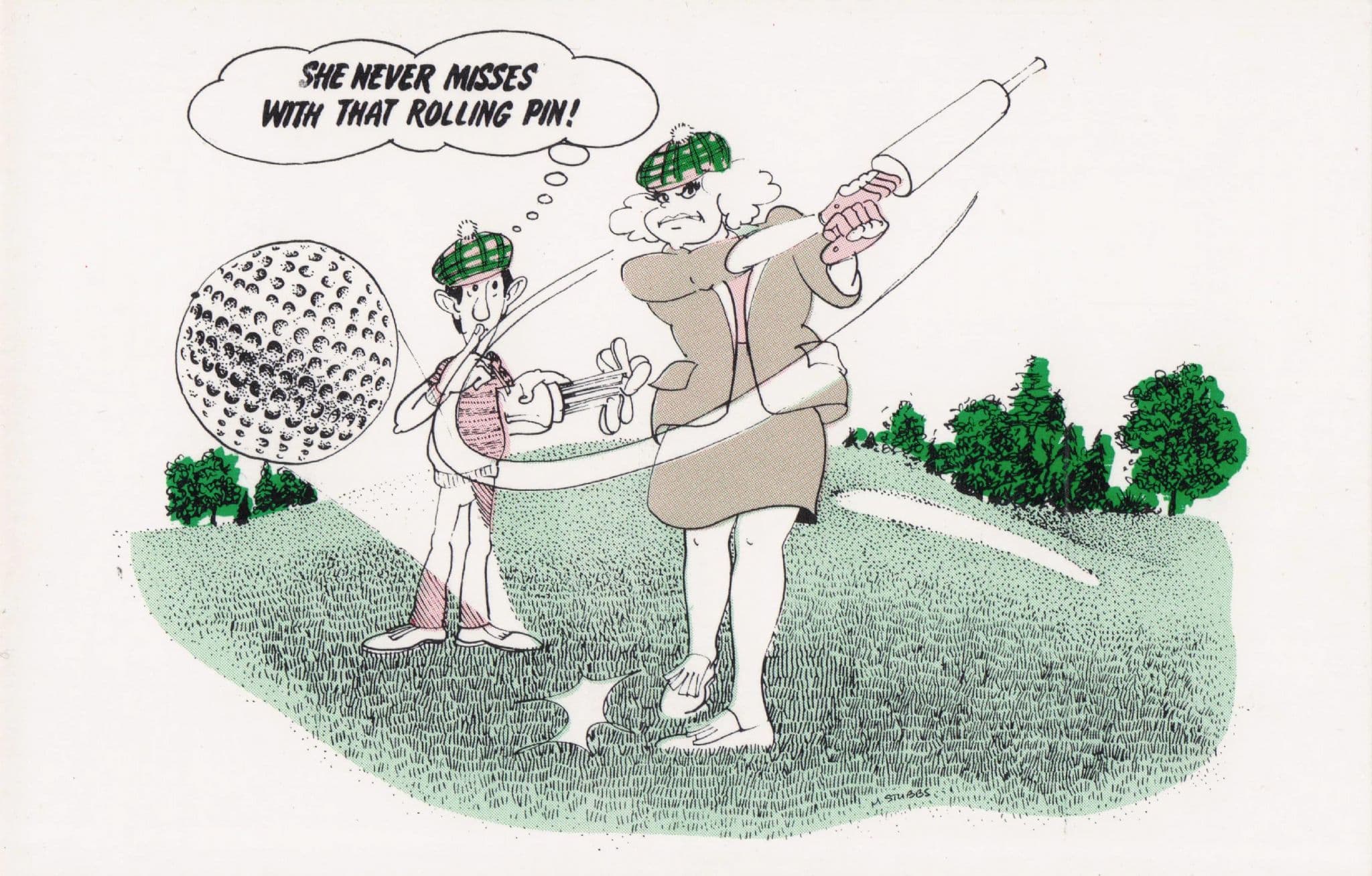 Golf Rolling Pin Lady Golfer Driving Range Comic Ltd Edn Postcard