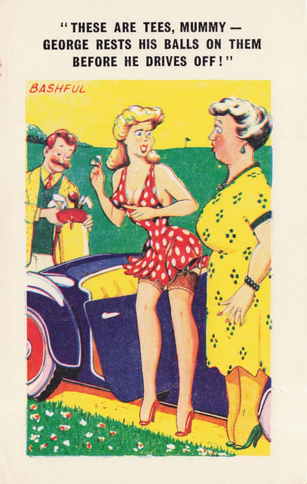 Golfer With Sports Car Carrying Tees Sexy Lady Old Comic Postcard