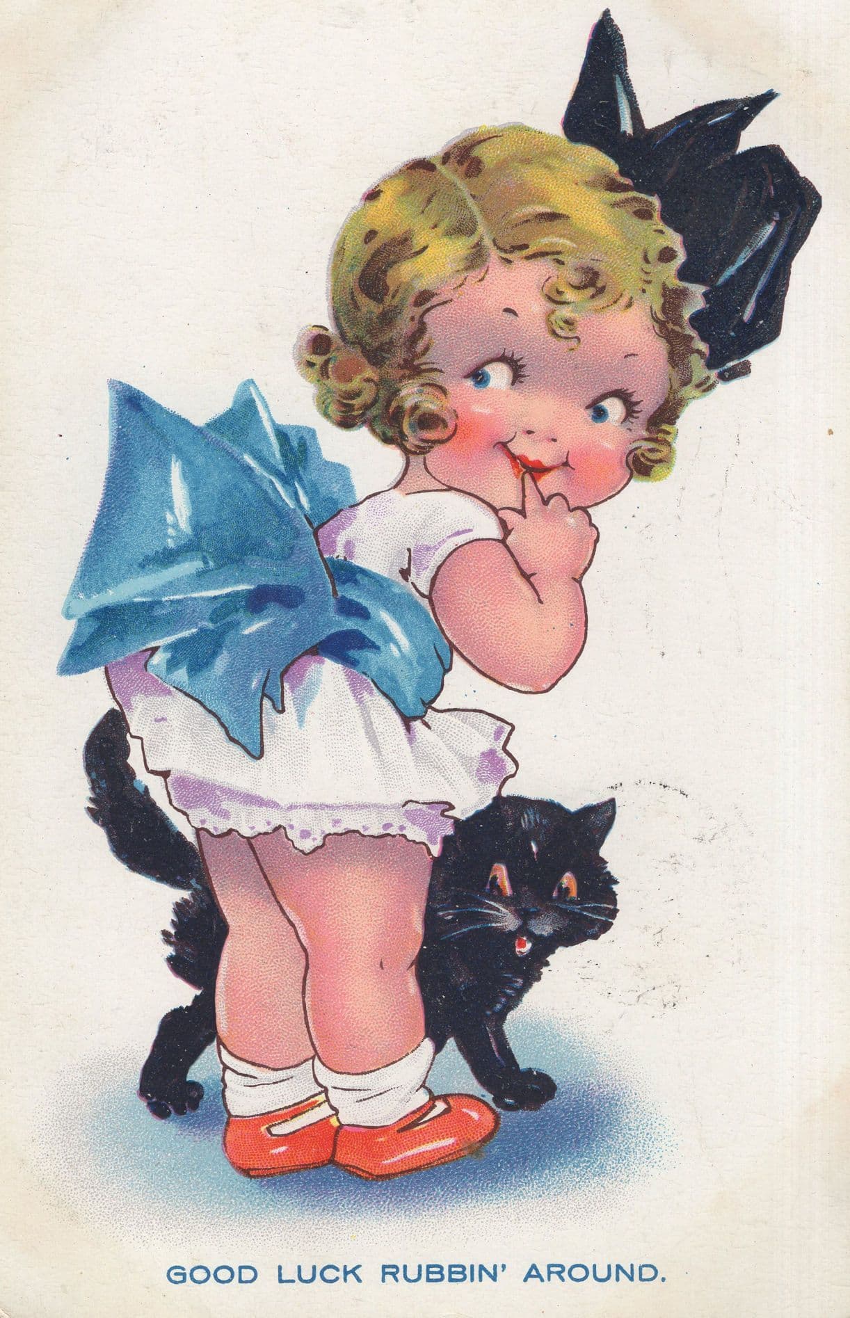 Good Luck Rubbing Around Black Cat Rare Old Comic Postcard