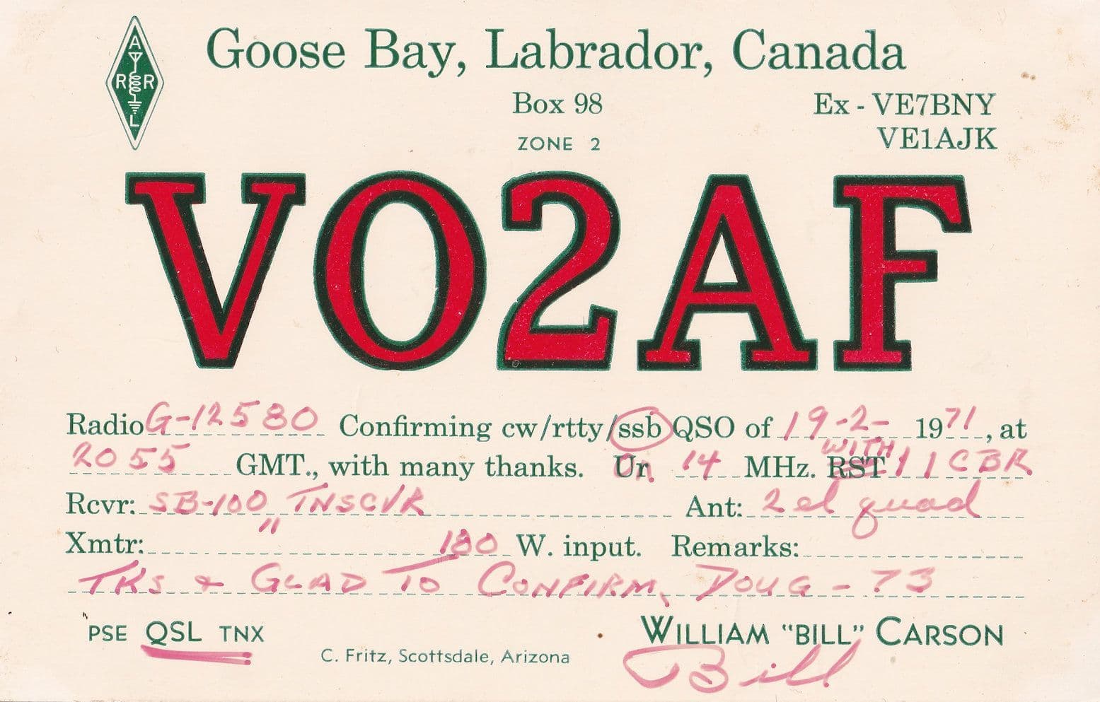 Goose Bay Labrador Canada 1970s Amateur Radio  QSL Card