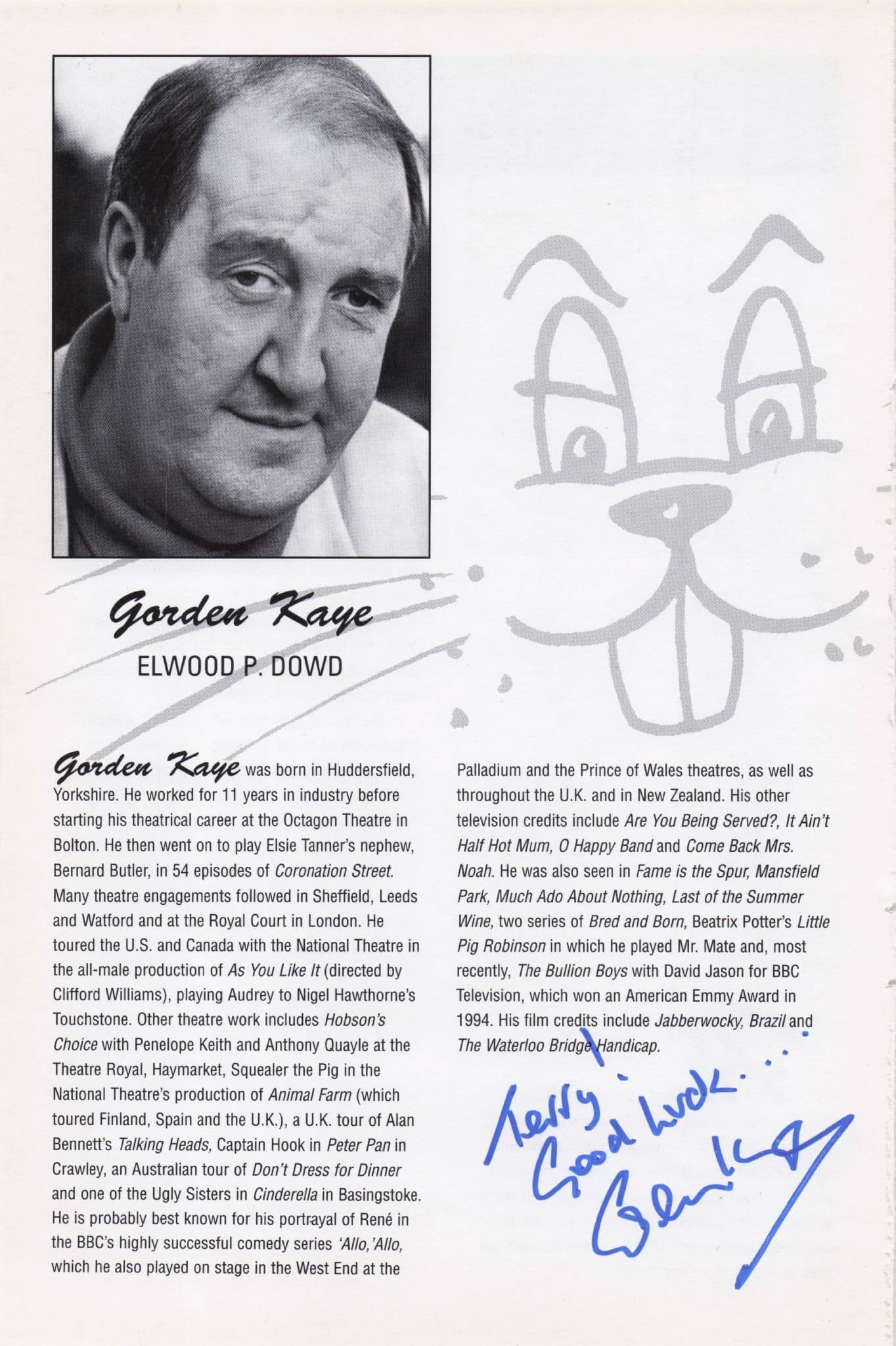 Gordon Kaye Allo Allo Vintage Hand Signed Theatre Photo Page