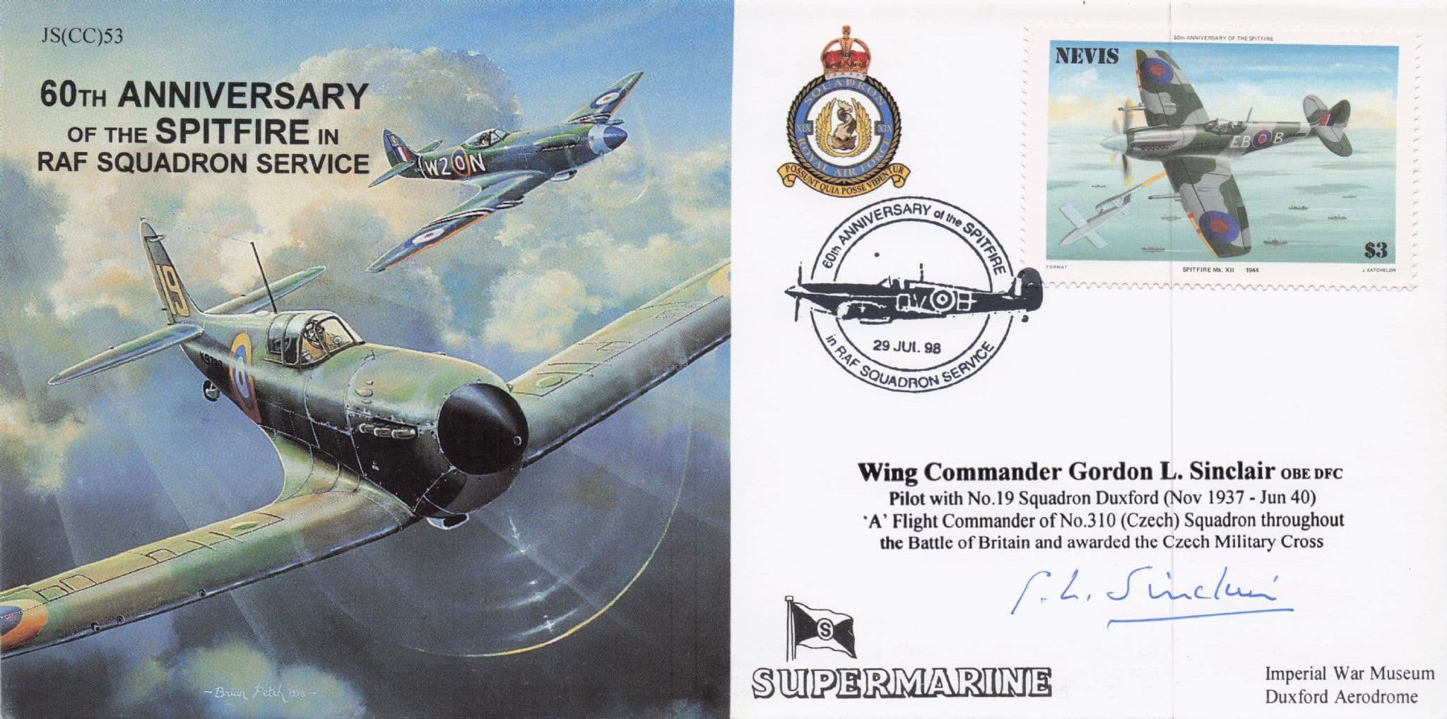 Gordon Sinclair WW2 Pilot Wing Commander Spitfire Hand Signed FDC