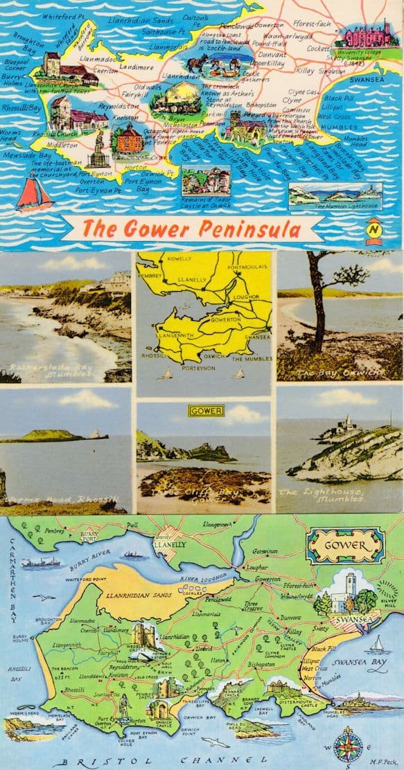 Gower Peninsula Wales Rare 1970s Map Friths 3x Postcard