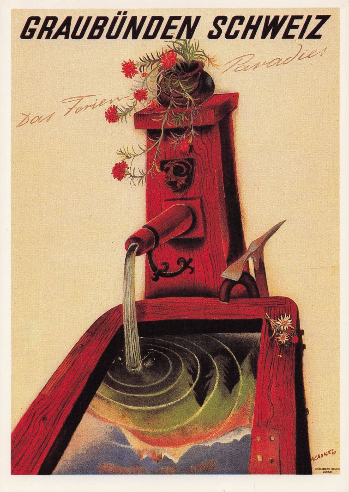 Grabunden 1937 Switzerland Swiss Travel Advertising Poster Postcard