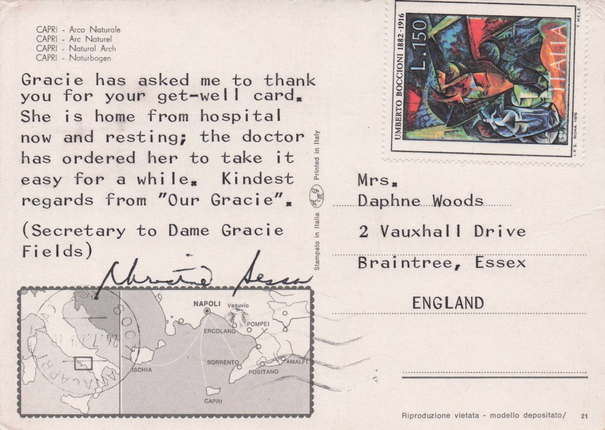 Gracie Fields In Hospital Personal Secretary Hand Signed Postcard