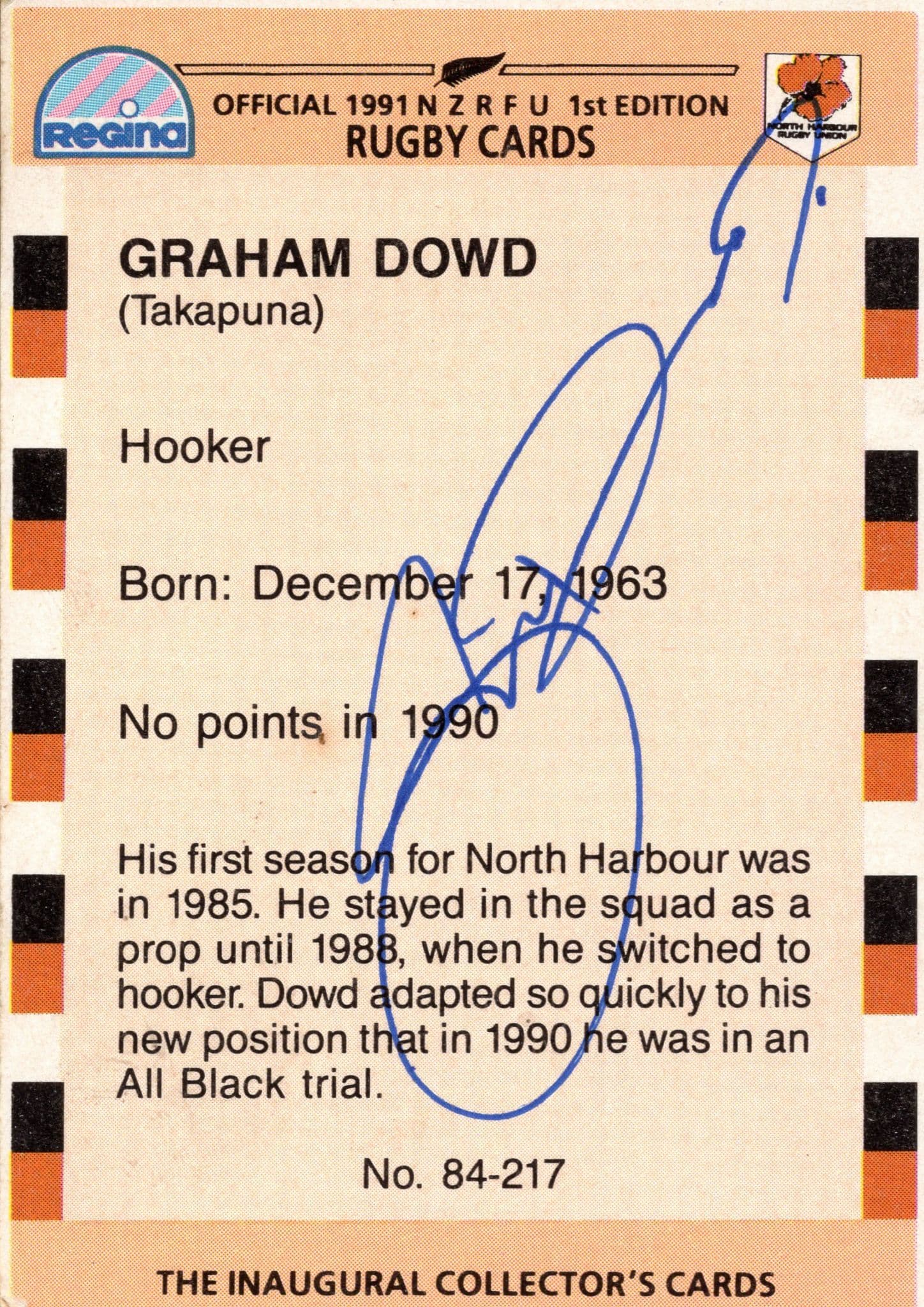 Graham Dowd North Harbour 1991 Hand Signed Rugby Card Photo