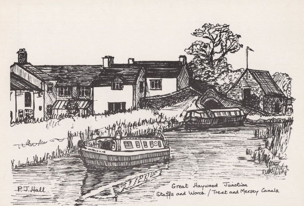Grand Haywood Junction Mersey Canal Sketch Boats Painting Postcard