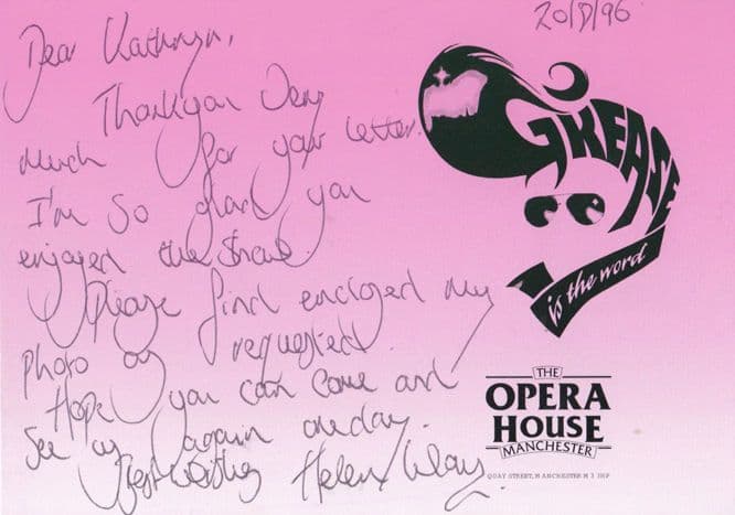 Grease The Musical at Manchester Theatre 1995 Helen Way Hand Signed Letter Card