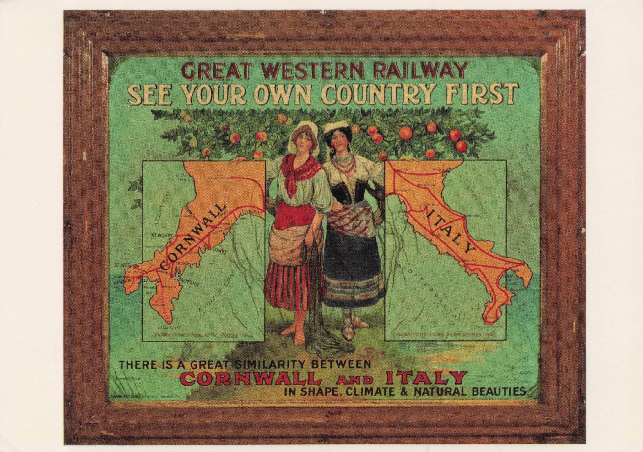 Great Western Railway See Your Country Italy Cornwall Map Plaque Postcard