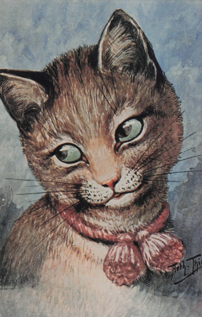 Green Eyed Cat With Pink Collar Louis Wain Style Cats Postcard