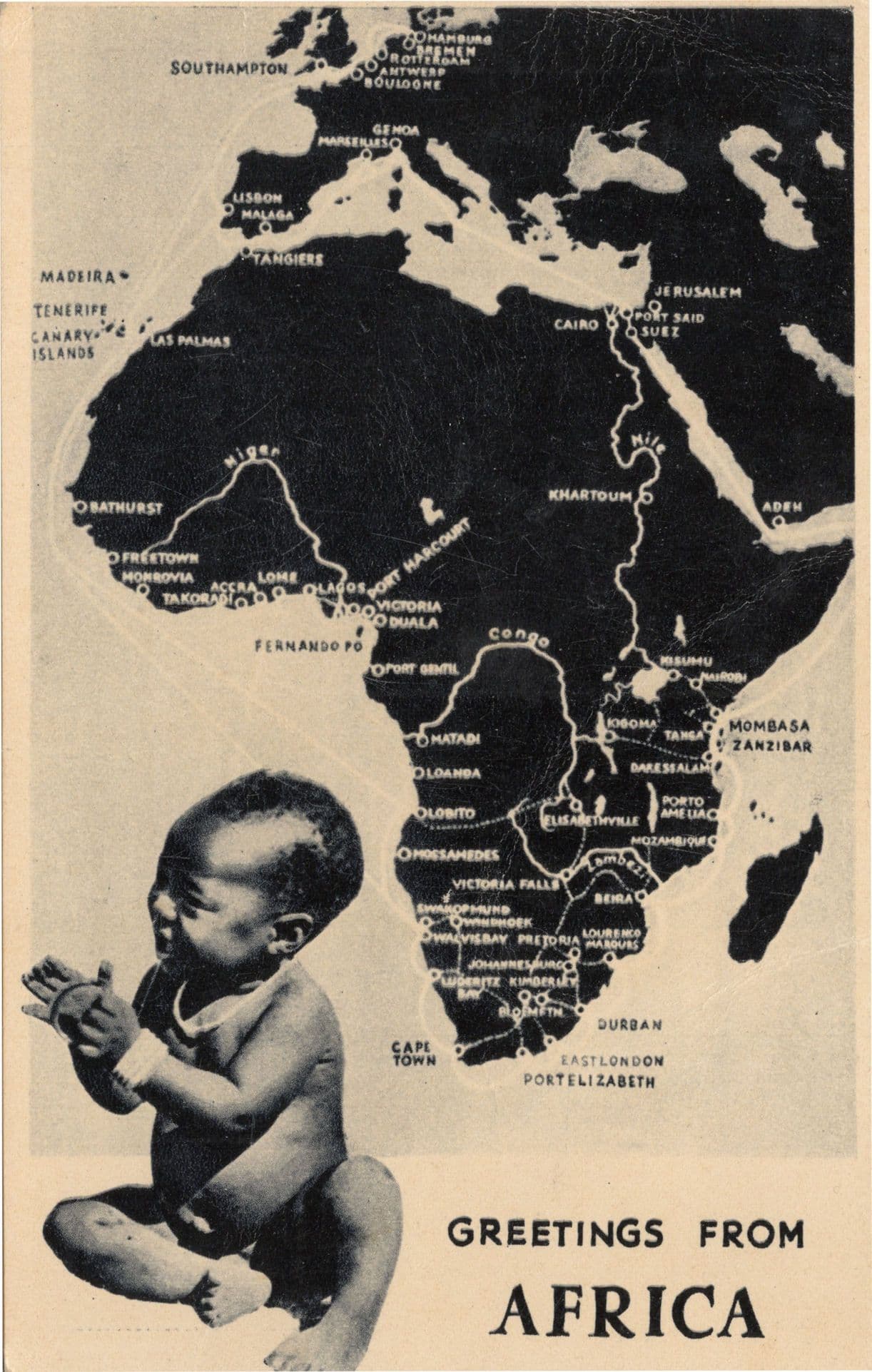 Greetings From Africa Black Map Baby Child Real Photo Old Postcard