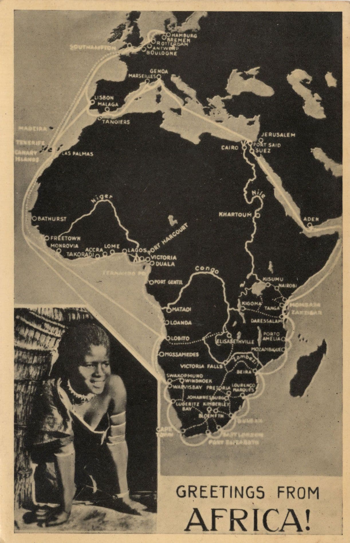 Greetings From Africa Black Map Boy Real Photo Old Postcard
