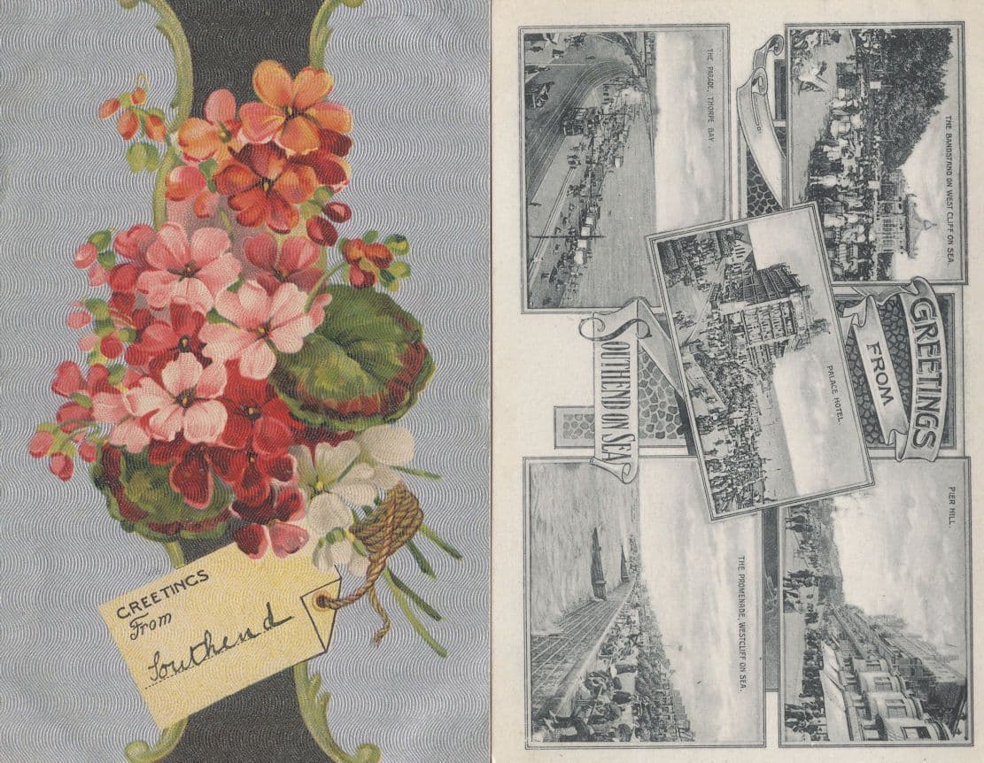 Greetings From Southend On Sea Metallic Floral 2x Old Postcard